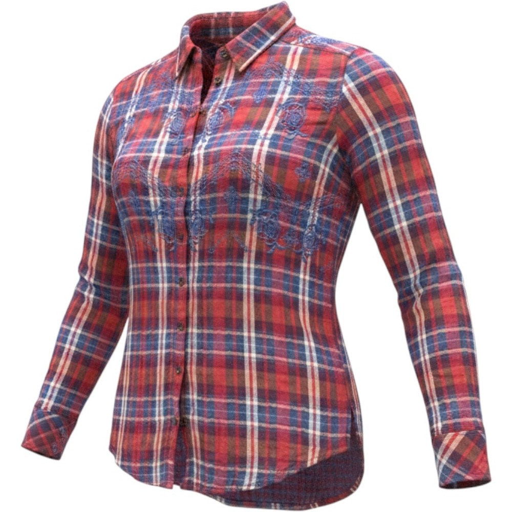 Free People Plaid Button Down Women XS Red Excellent Embroidered Floral Top